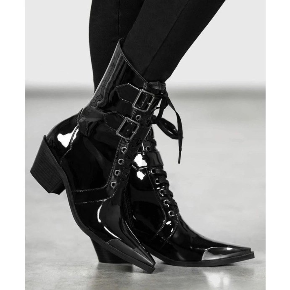 killstar Dark sin black glossy goth booties winklepicker style
